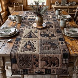 Campfire and Bear on Tan Blocks Table Runner - Made to Order TABLE928