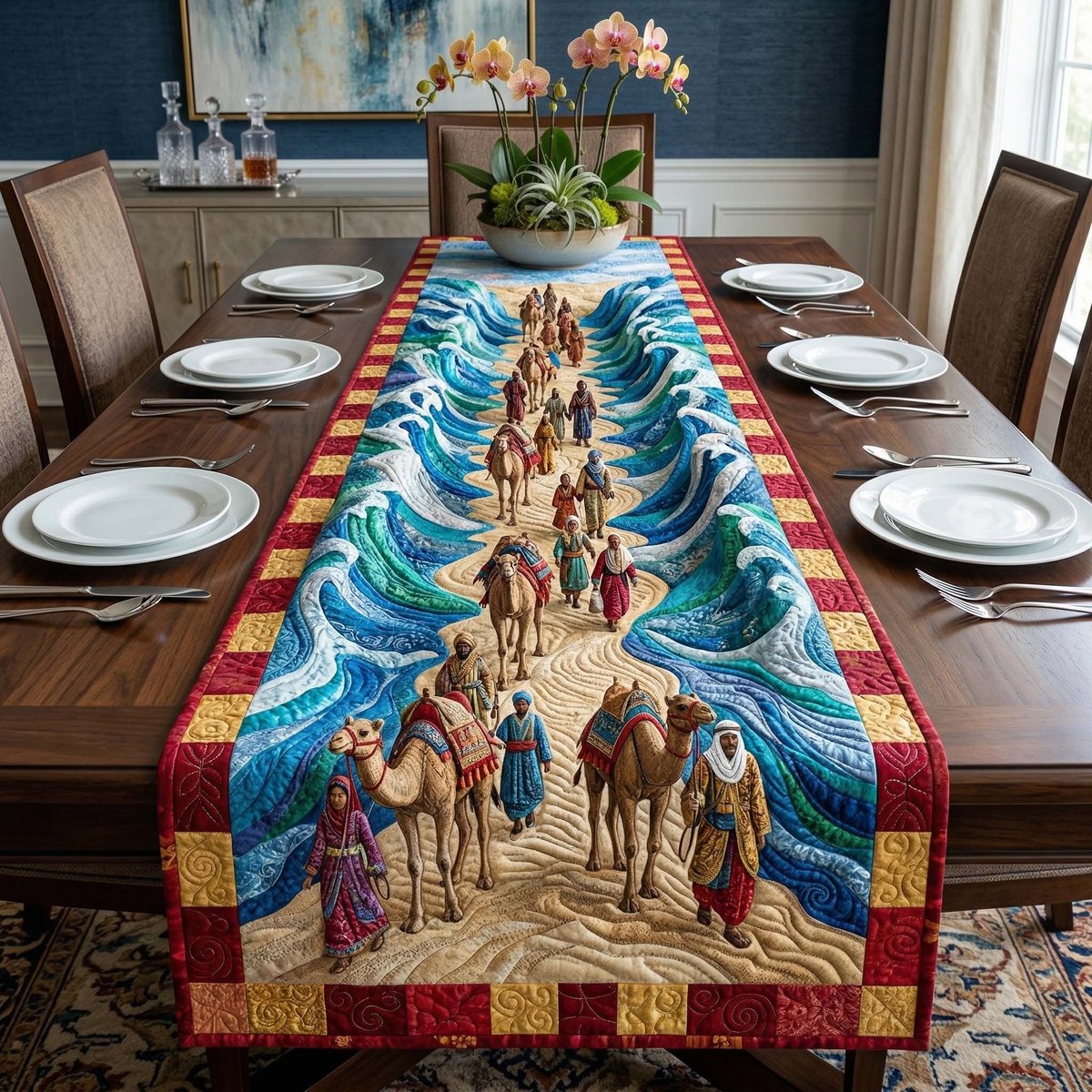 Camel Caravan with Red Border Table Runner - Made to Order TABLE928