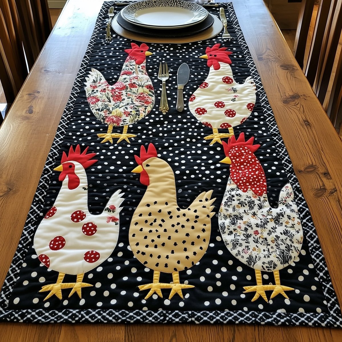 Calico Chickens on Black Panel Table Runner - Made to Order TABLE928