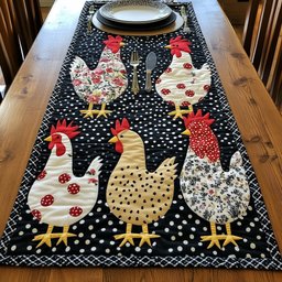 Calico Chickens on Black Panel Table Runner - Made to Order TABLE928