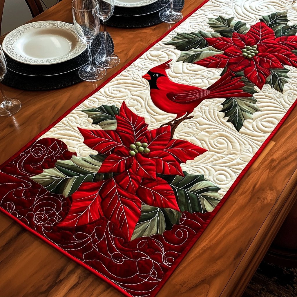 Cardinal Above Red Poinsettias Table Runner - Made to Order TABLE928