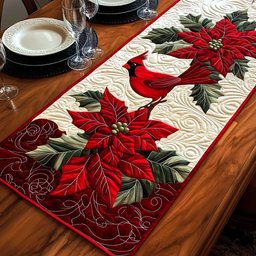 Cardinal Above Red Poinsettias Table Runner - Made to Order TABLE928