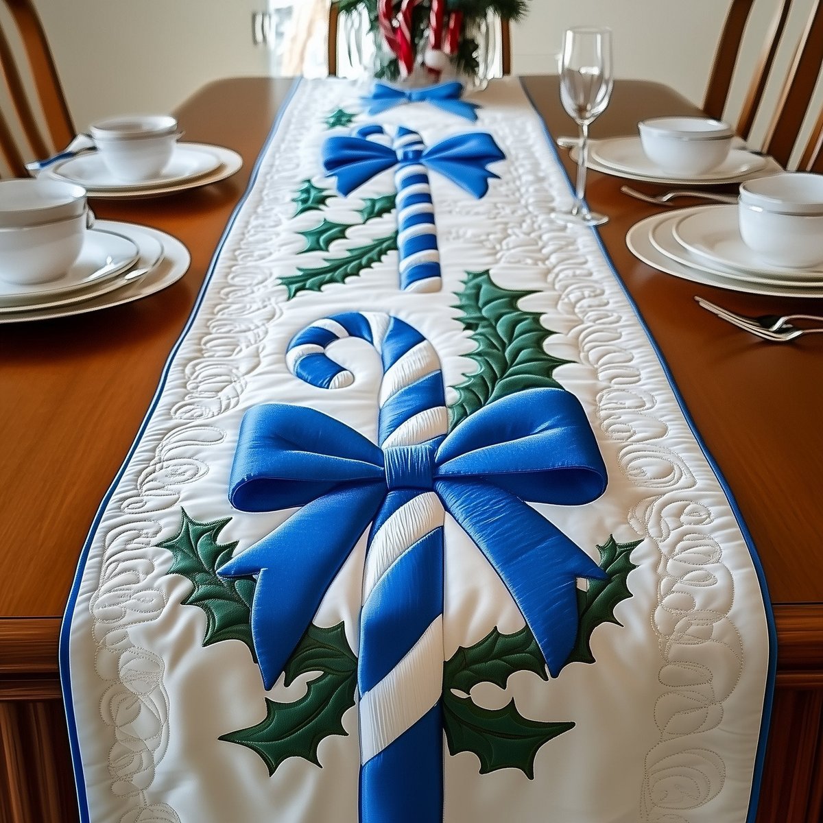 Candy Canes with a Blue Bow Table Runner - Made to Order TABLE928