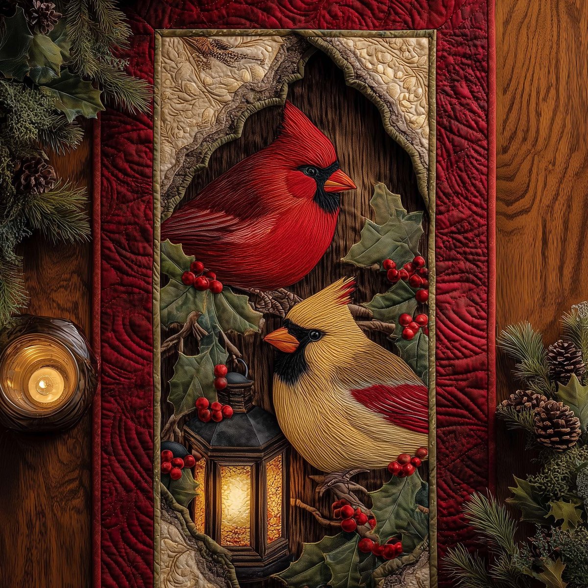 Cardinals with Lantern on Red Table Runner - Made to Order TABLE928