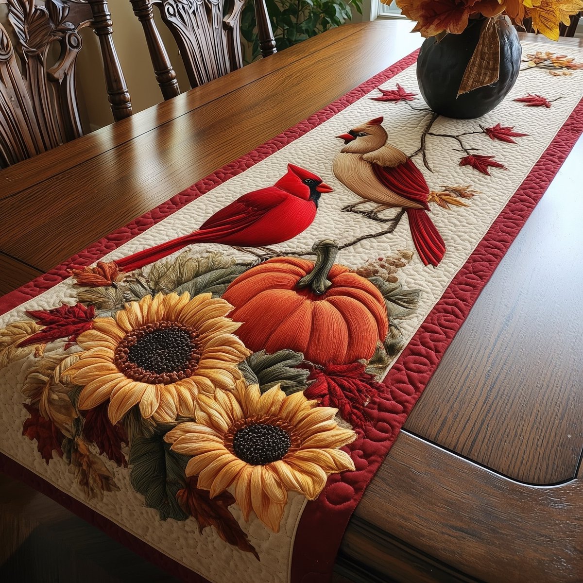 Cardinals and Sunflowers on Red Border Table Runner - Made to Order TABLE928
