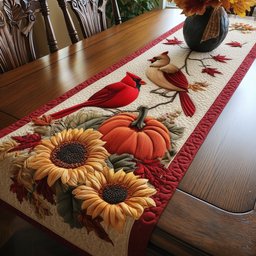 Cardinals and Sunflowers on Red Border Table Runner - Made to Order TABLE928