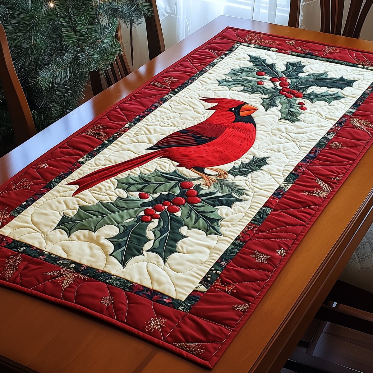 Cardinal on Snowy Holly Panel Table Runner - Made to Order TABLE928