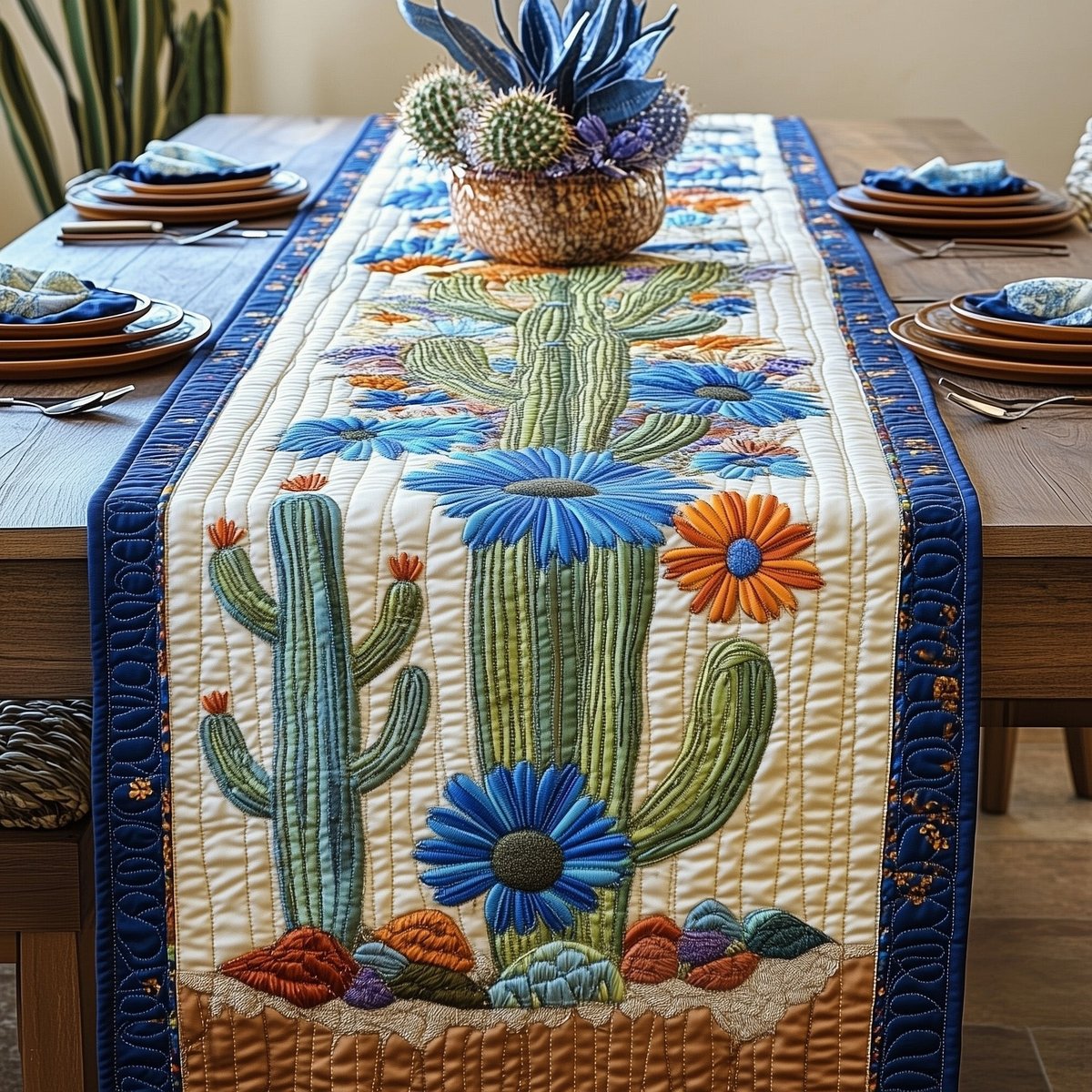 Cactus with Blue and Orange Flowers Table Runner - Made to Order TABLE928