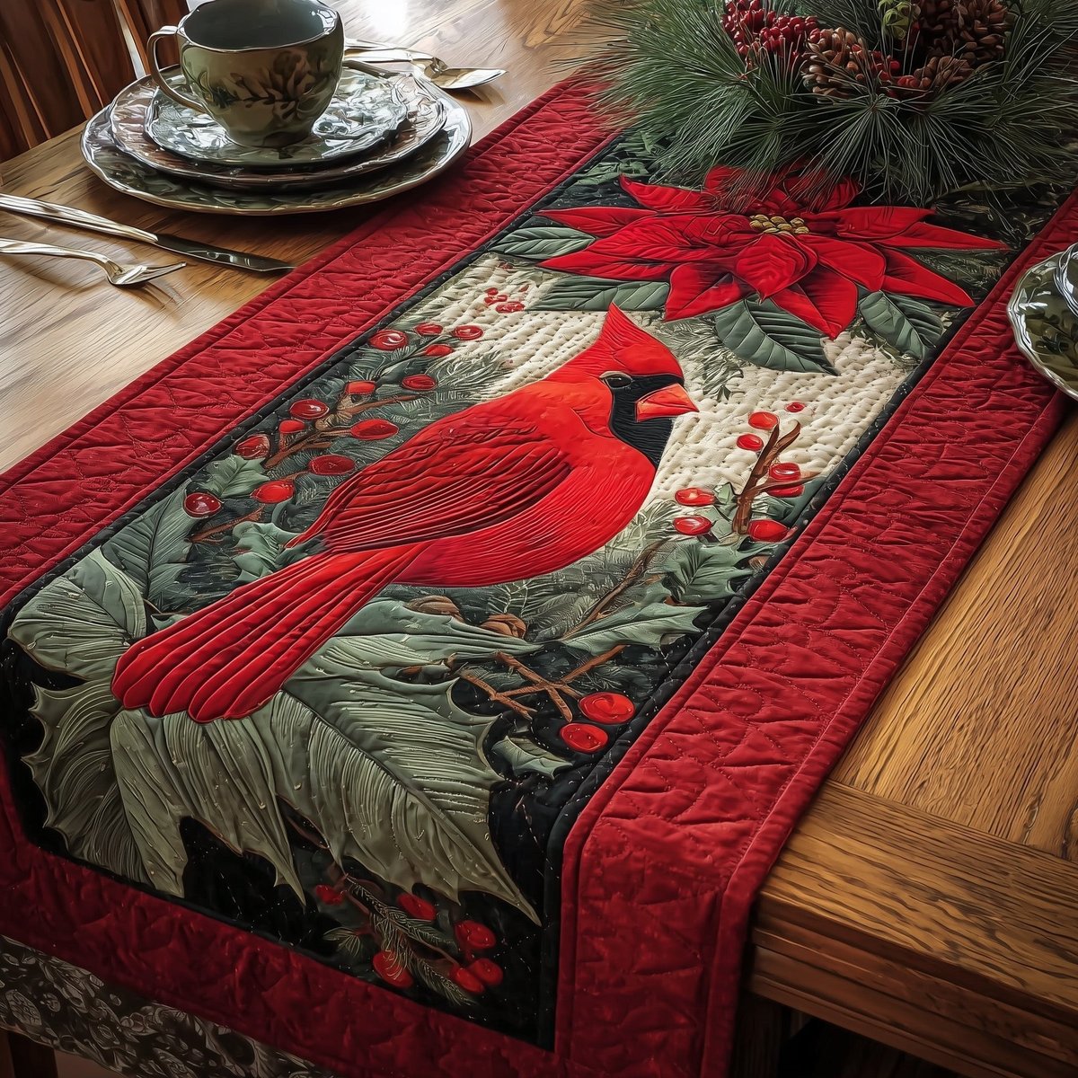 Cardinal with Berries on Red Table Runner - Made to Order TABLE928