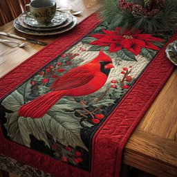 Cardinal with Berries on Red Table Runner - Made to Order TABLE928