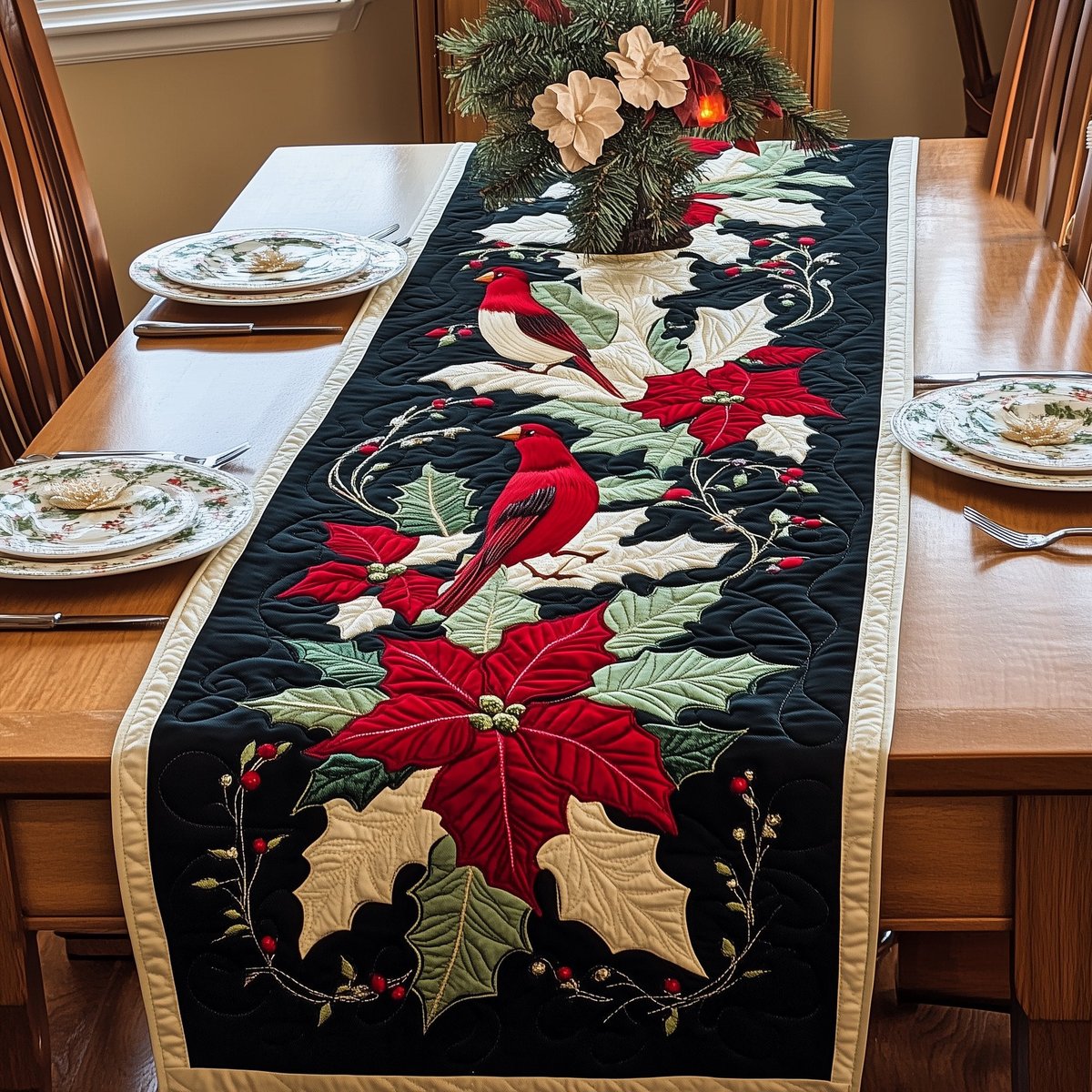 Cardinal with Poinsettia on Black Table Runner - Made to Order TABLE928