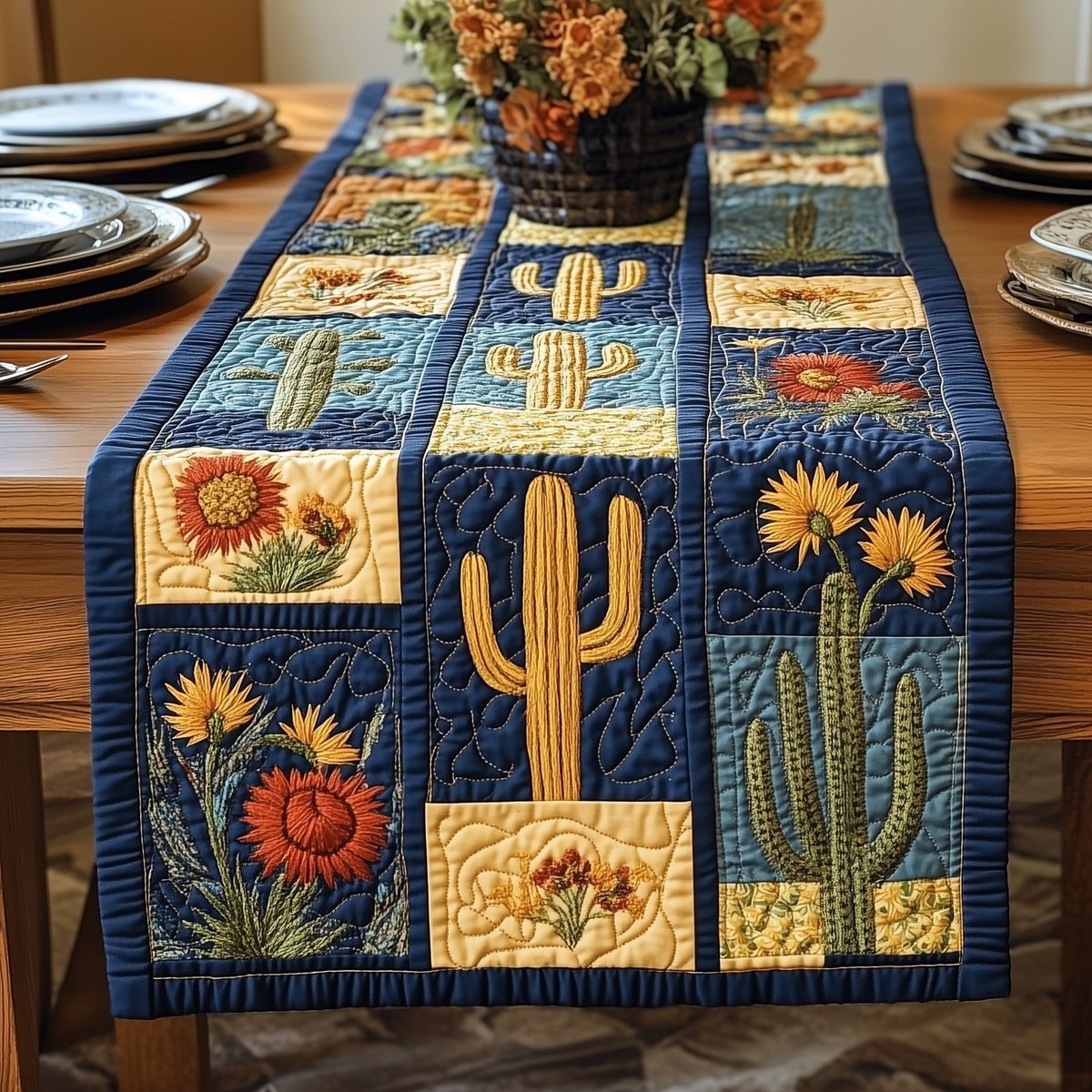 Cactus and Sunflower Squares on Navy Table Runner - Made to Order TABLE928