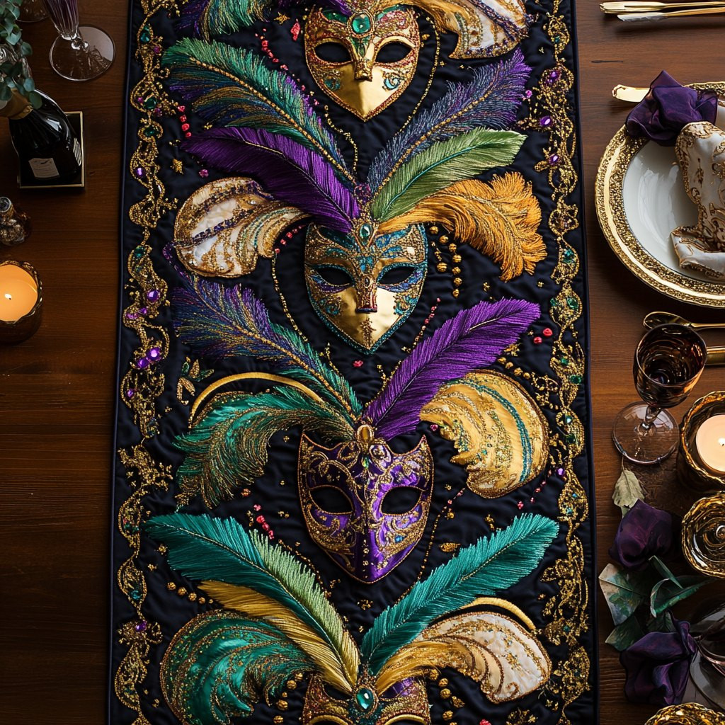 Carnival Masks with Feathers on Purple Table Runner - Made to Order TABLE928