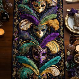 Carnival Masks with Feathers on Purple Table Runner - Made to Order TABLE928