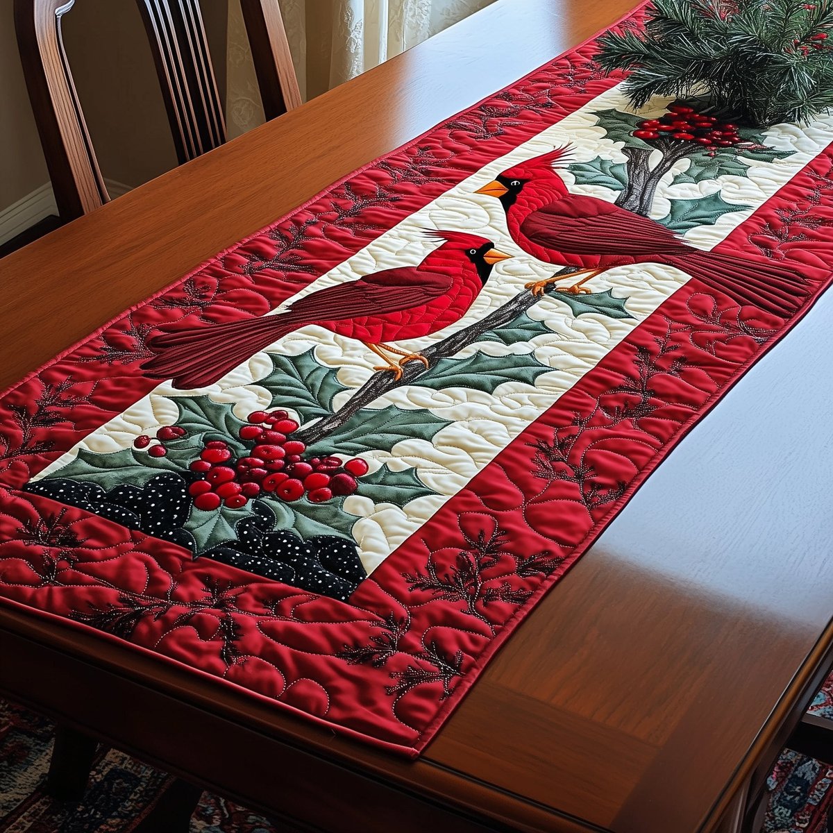 Cardinal Pair Above Red Berries Table Runner - Made to Order TABLE928