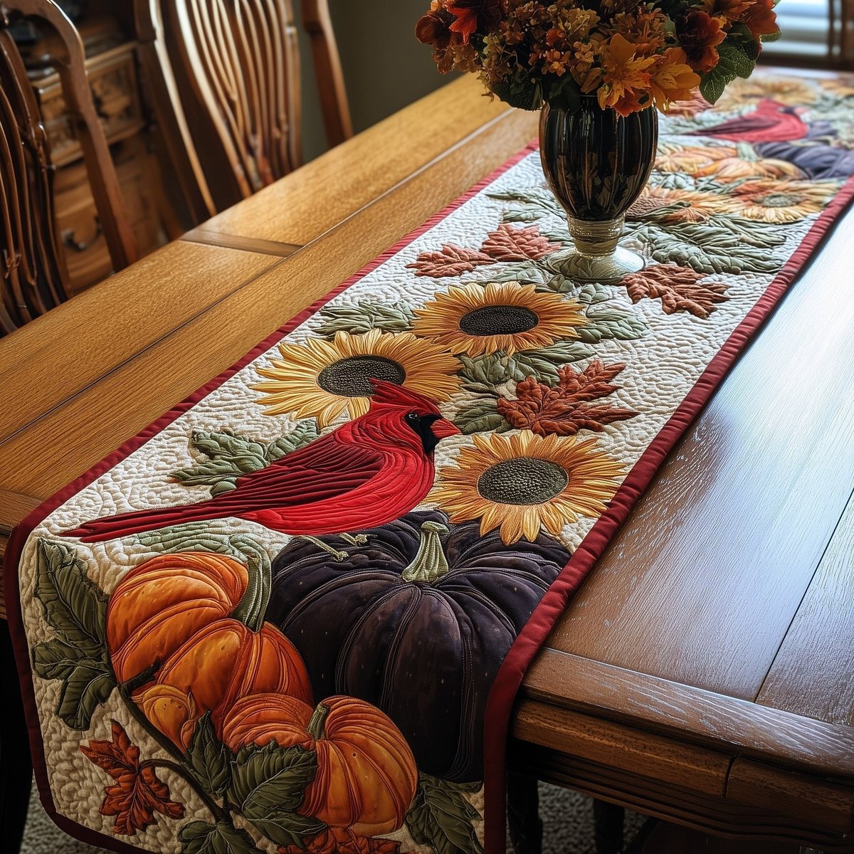 Cardinal Among Sunflowers and Pumpkins Table Runner - Made to Order TABLE928