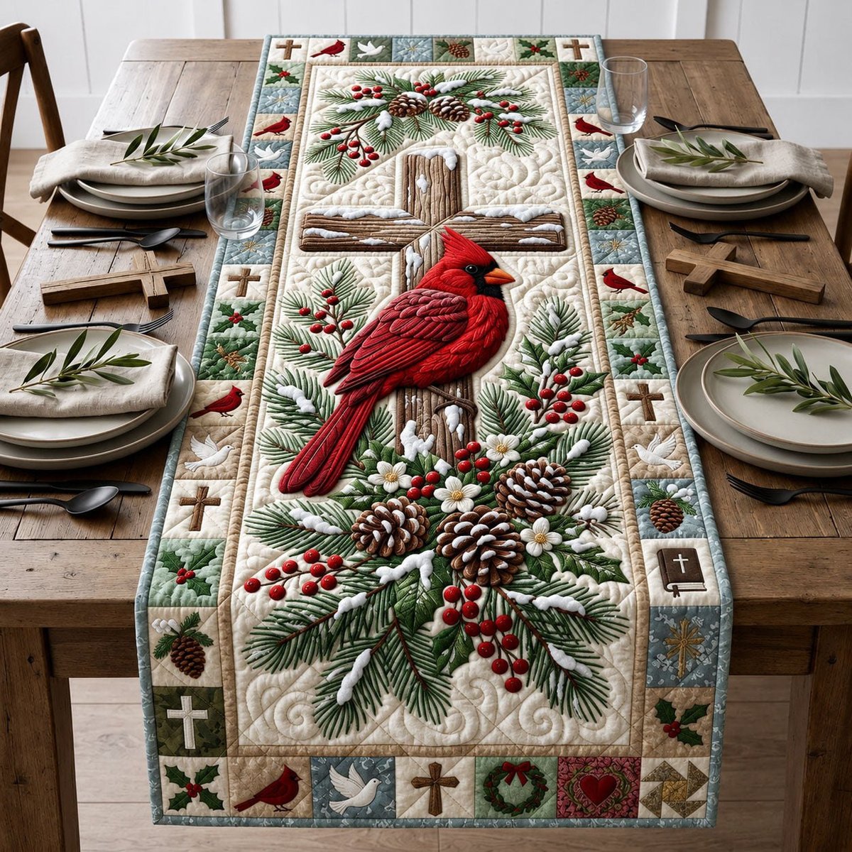 Cardinal with Pinecones and Crosses Table Runner - Made to Order TABLE928