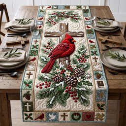 Cardinal with Pinecones and Crosses Table Runner - Made to Order TABLE928