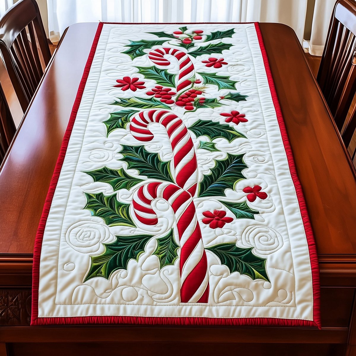 Candy Canes with Holly and Berries Table Runner - Made to Order TABLE928