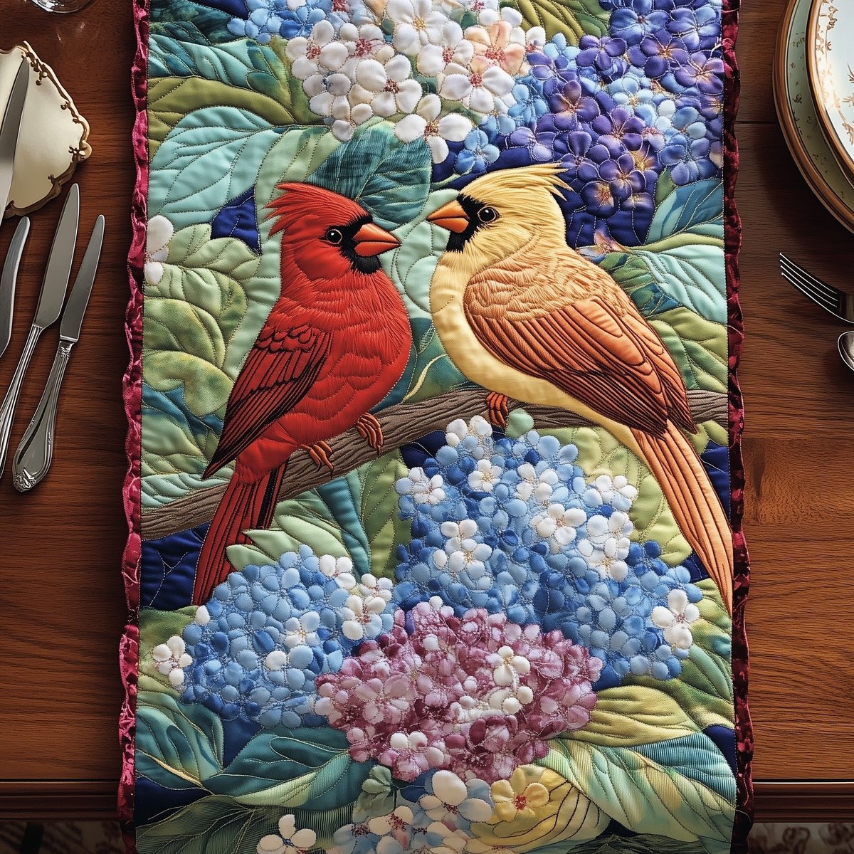 Cardinals with Blue Hydrangeas Table Runner - Made to Order TABLE928