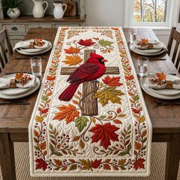 Cardinal on Post with Autumn Leaves Table Runner - Made to Order TABLE928