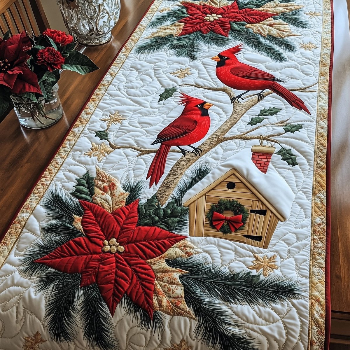 Cardinal and Birdhouse with Poinsettia Table Runner - Made to Order TABLE928