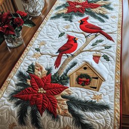 Cardinal and Birdhouse with Poinsettia Table Runner - Made to Order TABLE928