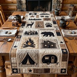 Camping Icons with Tent and Trailer Table Runner - Made to Order TABLE928