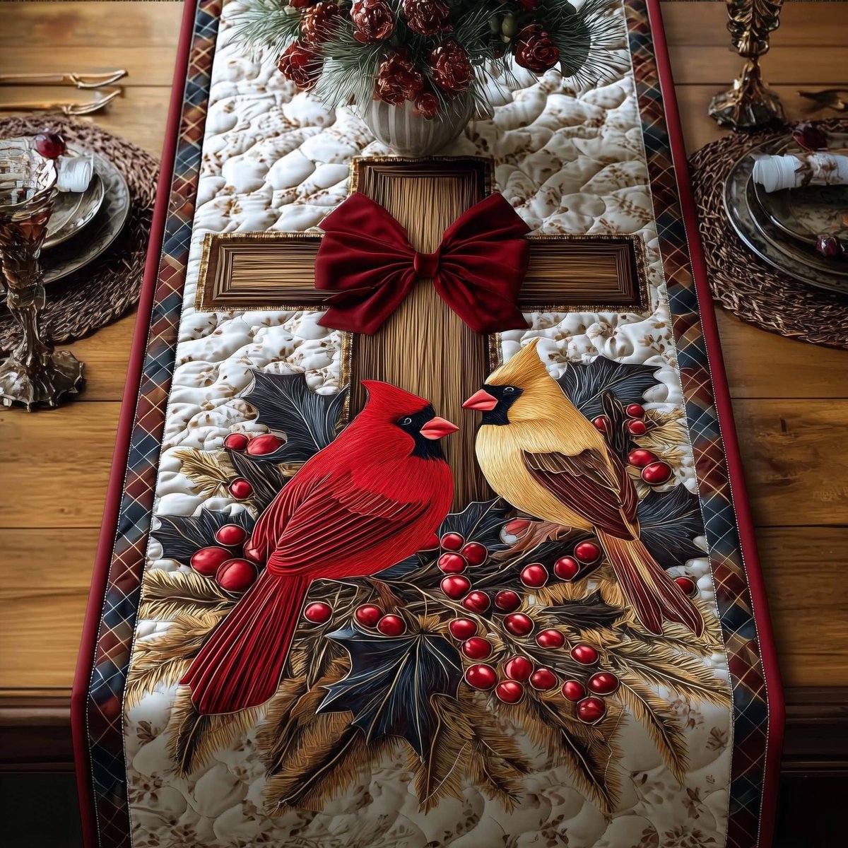 Cardinal Pair with Red Bow Table Runner - Made to Order TABLE928