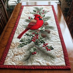 Cardinal on Pine with Red Berries Table Runner - Made to Order TABLE928