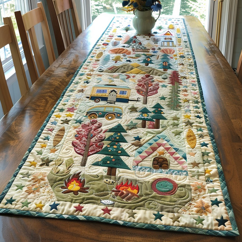 Camper and Campfire in the Pines Table Runner - Made to Order TABLE928
