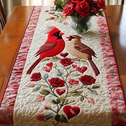 Cardinals with Red Roses and Hearts Table Runner - Made to Order TABLE928