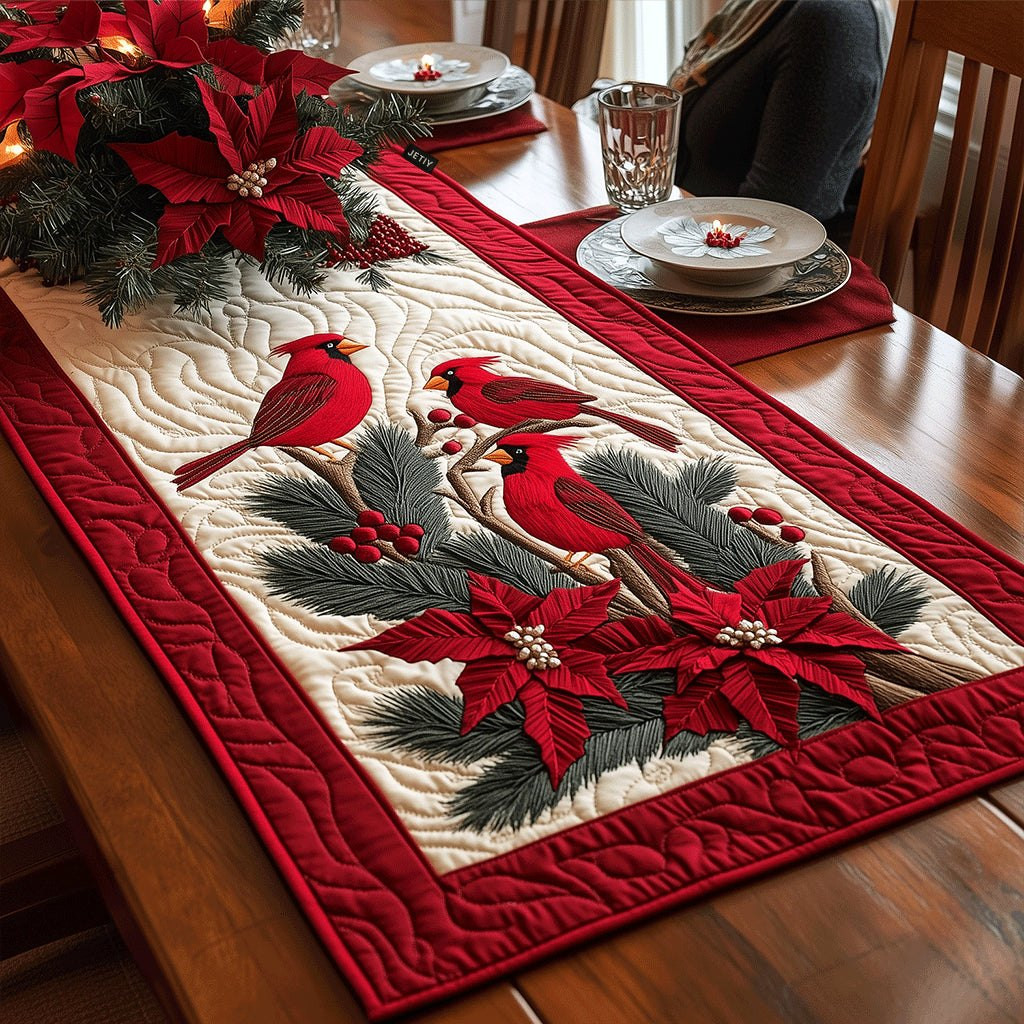 Cardinals with Poinsettias on Red Table Runner - Made to Order TABLE928