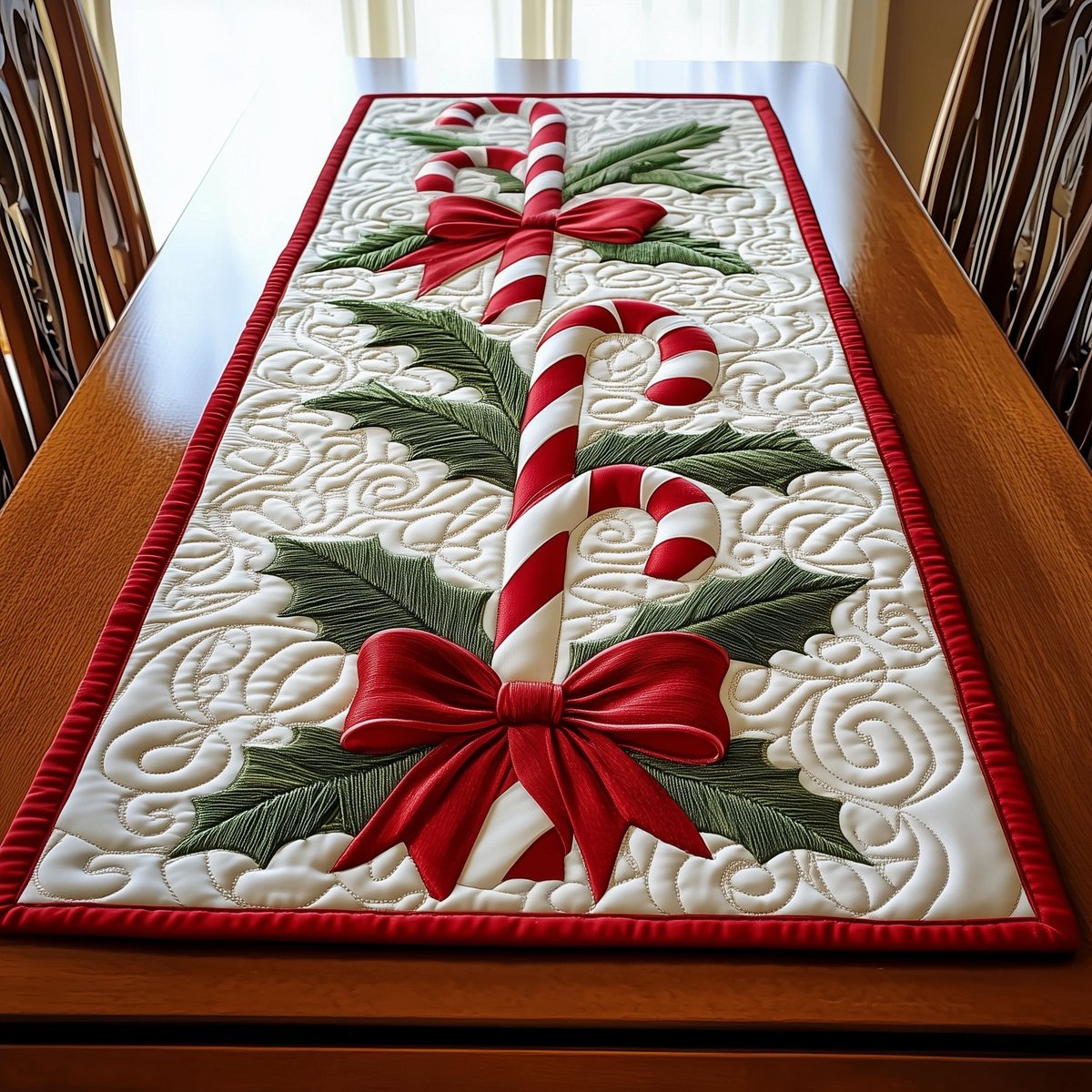 Candy Canes with Red Bow and Holly Table Runner - Made to Order TABLE928