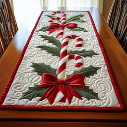 Candy Canes with Red Bow and Holly Table Runner - Made to Order TABLE928