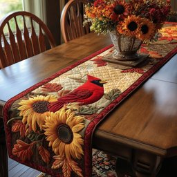 Cardinal Perched on Golden Sunflowers Table Runner - Made to Order TABLE928