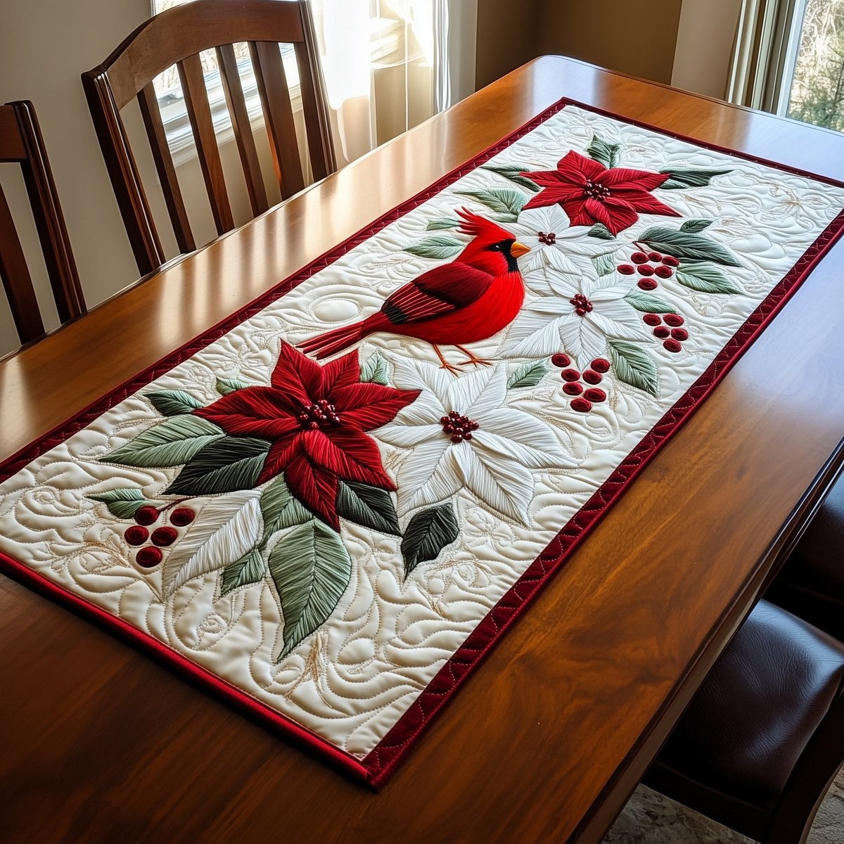 Cardinal with Poinsettia and Berries Table Runner - Made to Order TABLE928