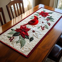 Cardinal with Poinsettia and Berries Table Runner - Made to Order TABLE928
