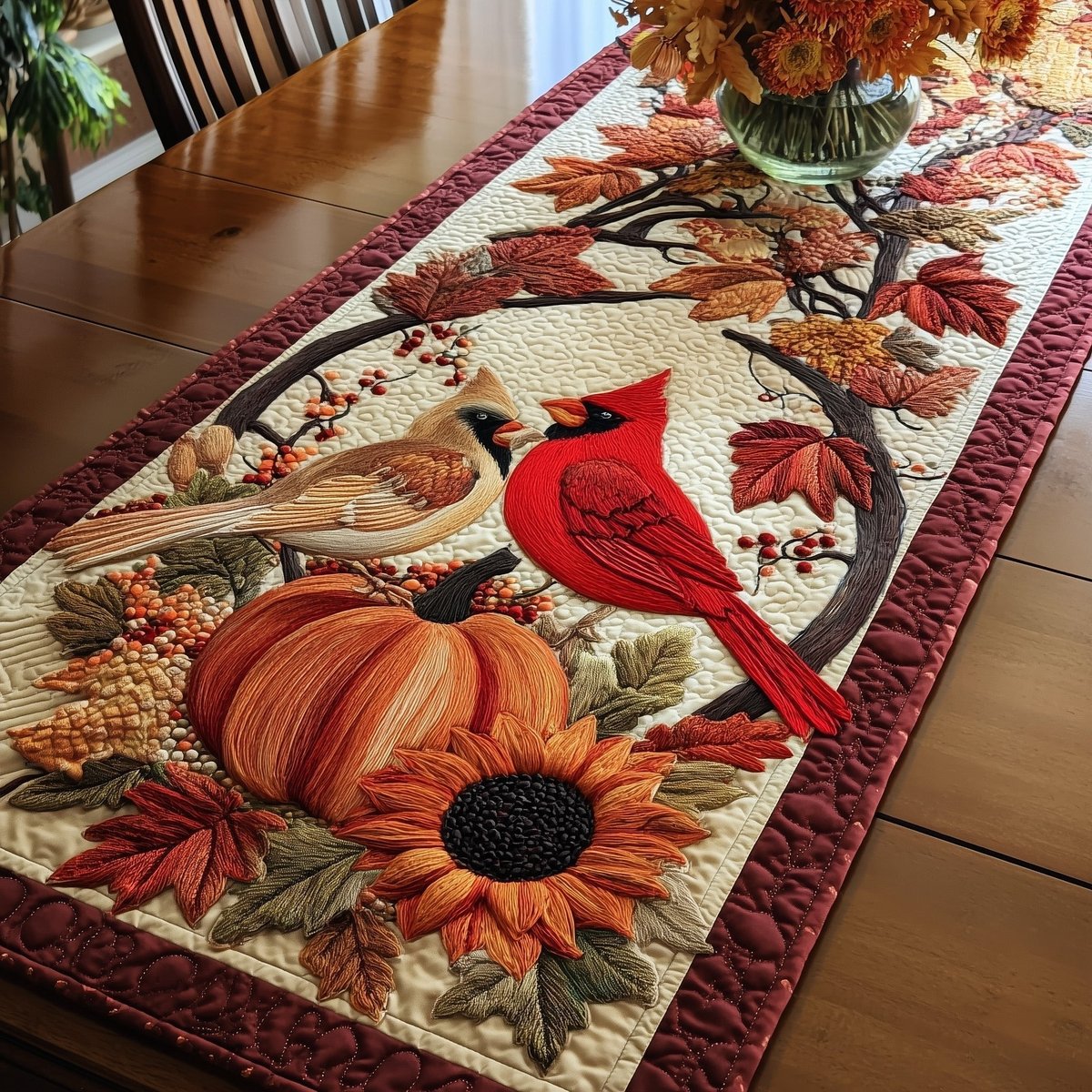Cardinal Pair in Autumn Arch Table Runner - Made to Order TABLE928