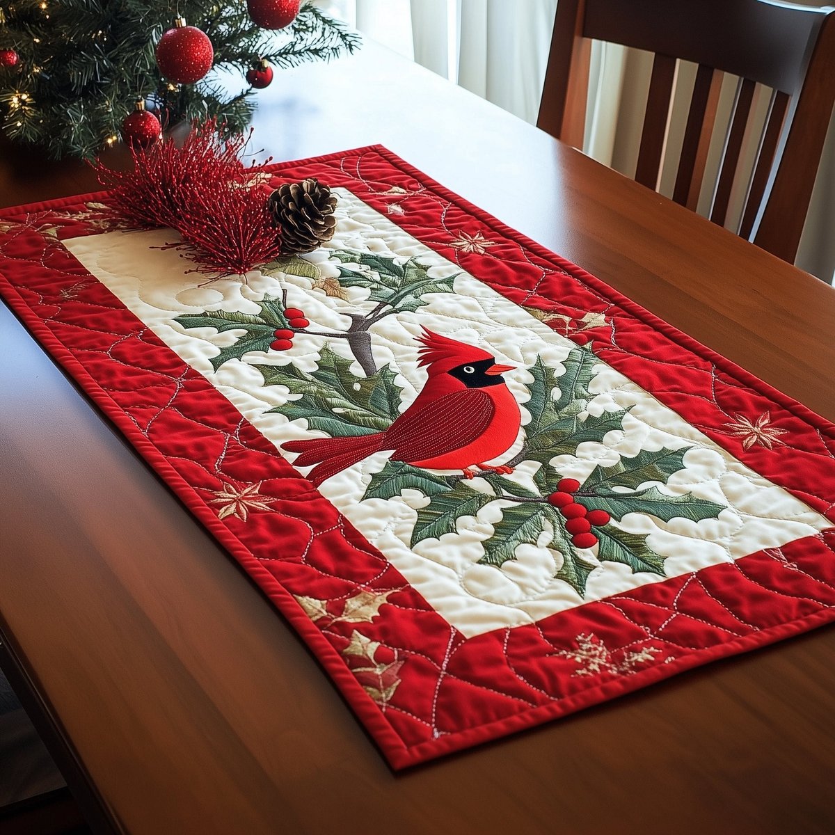 Cardinal on Pine with Snowflakes Table Runner - Made to Order TABLE928