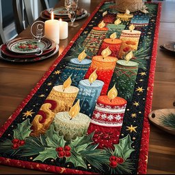 Candles with Holly on Red Table Runner - Made to Order TABLE928