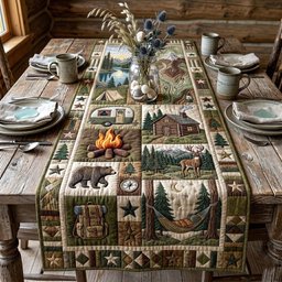 Campfire and Cabin in Green Blocks Table Runner - Made to Order TABLE928
