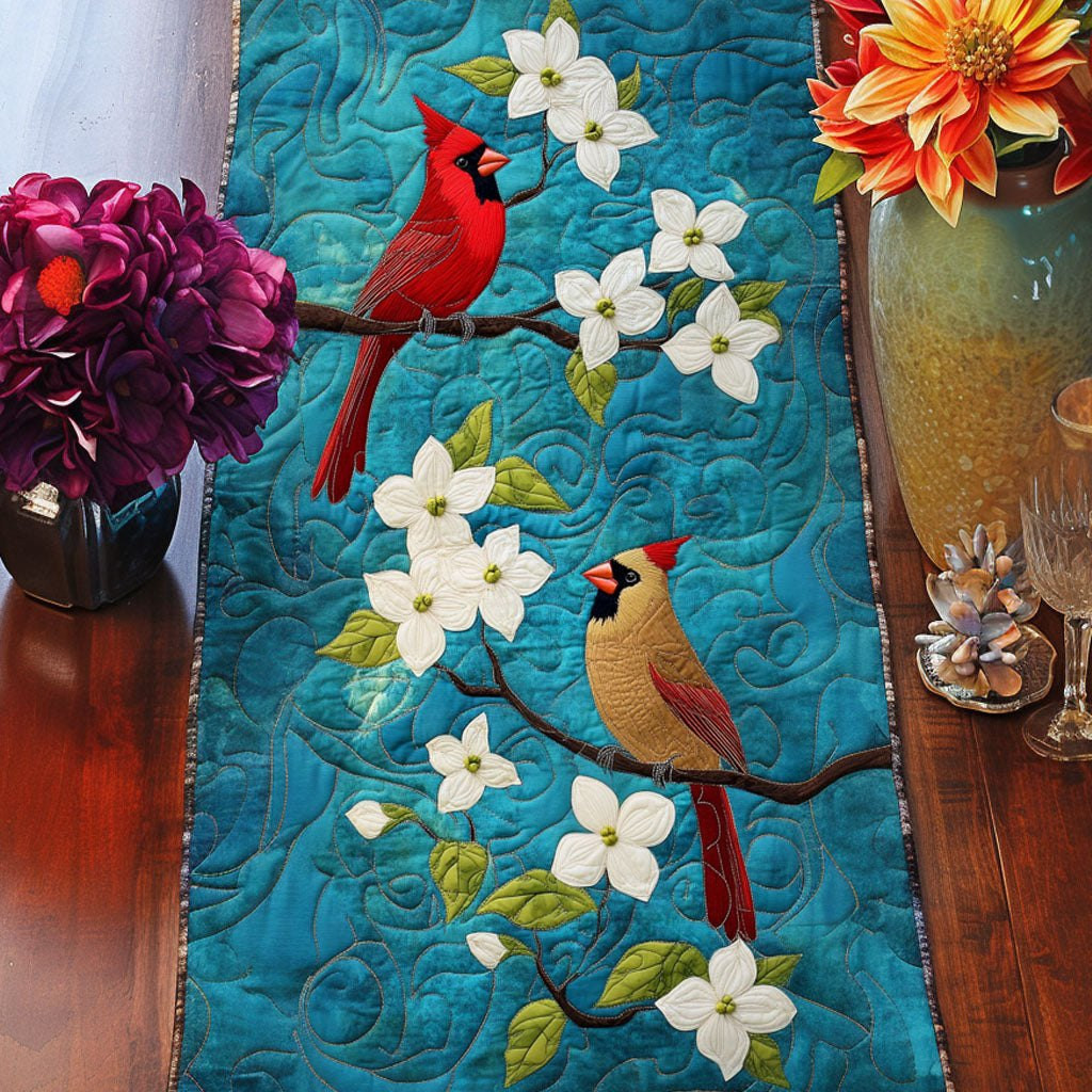 Cardinal Pair on Turquoise Blossoms Table Runner - Made to Order TABLE928
