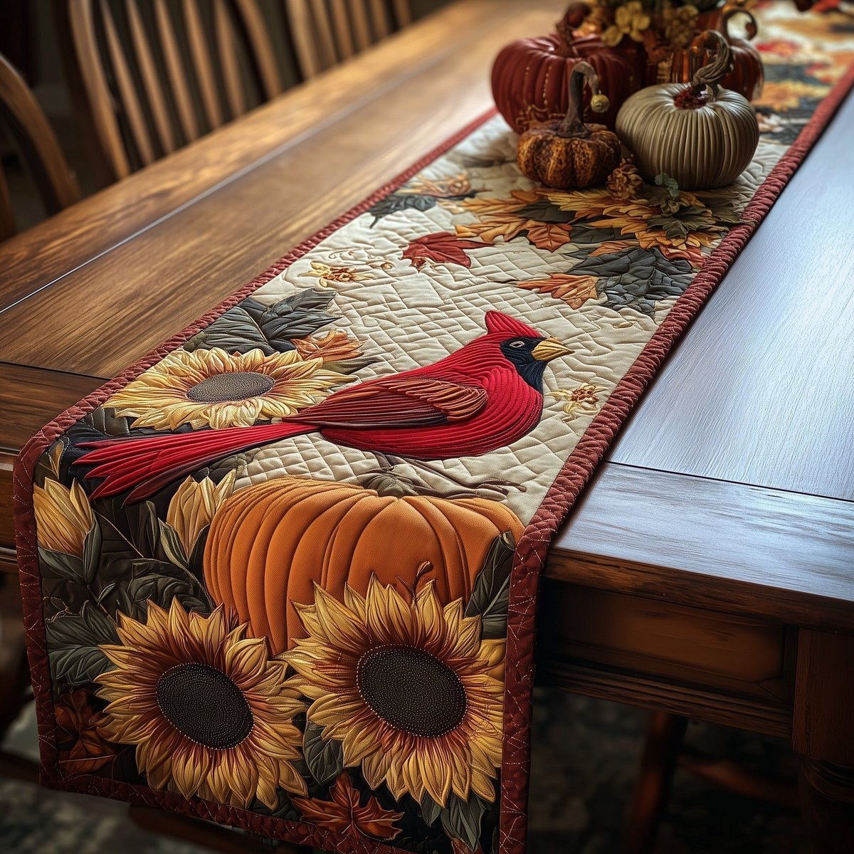Cardinal with Sunflowers and Orange Pumpkin Table Runner - Made to Order TABLE928