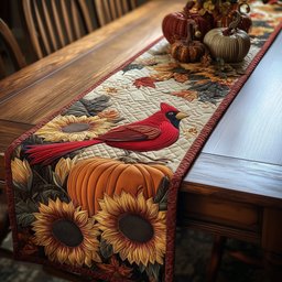 Cardinal with Sunflowers and Orange Pumpkin Table Runner - Made to Order TABLE928