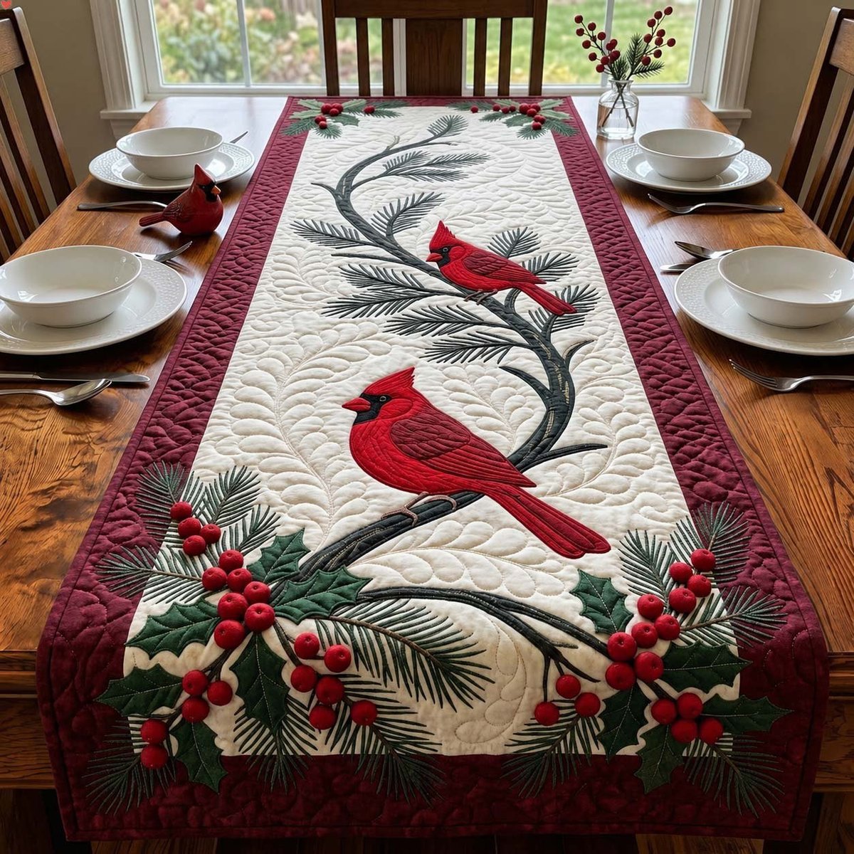 Cardinal on Winter Berry Arch Table Runner - Made to Order TABLE928