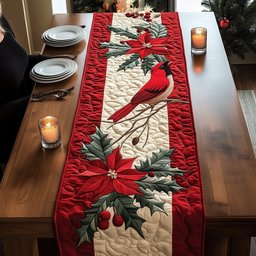 Cardinal with Holly and Poinsettia Stripe Table Runner - Made to Order TABLE928