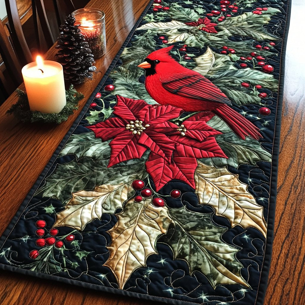 Cardinal with Poinsettia and Gold Leaves Table Runner - Made to Order TABLE928