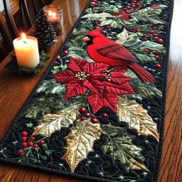 Cardinal with Poinsettia and Gold Leaves Table Runner - Made to Order TABLE928