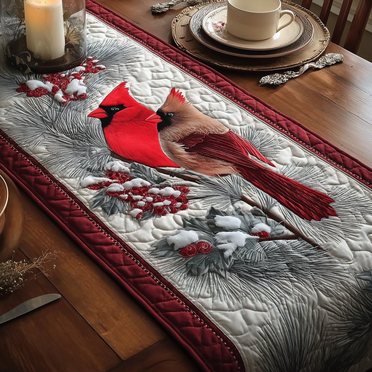 Cardinals on a Snowy Branch Table Runner - Made to Order TABLE928